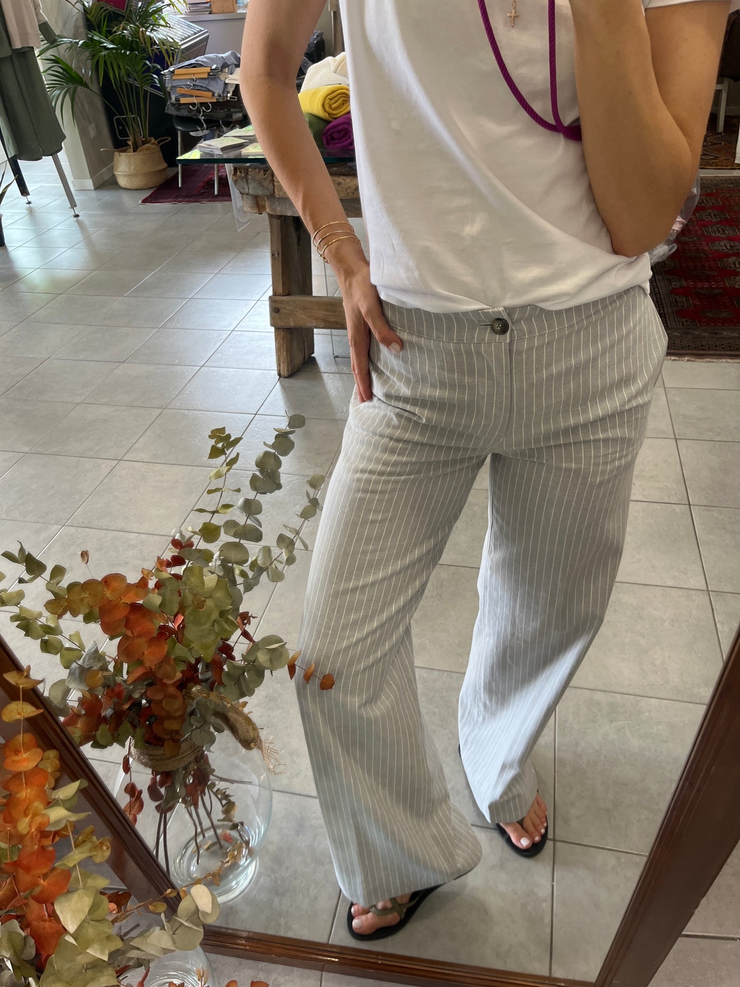 Pantalone Palazzo a righe in Cotone Lino