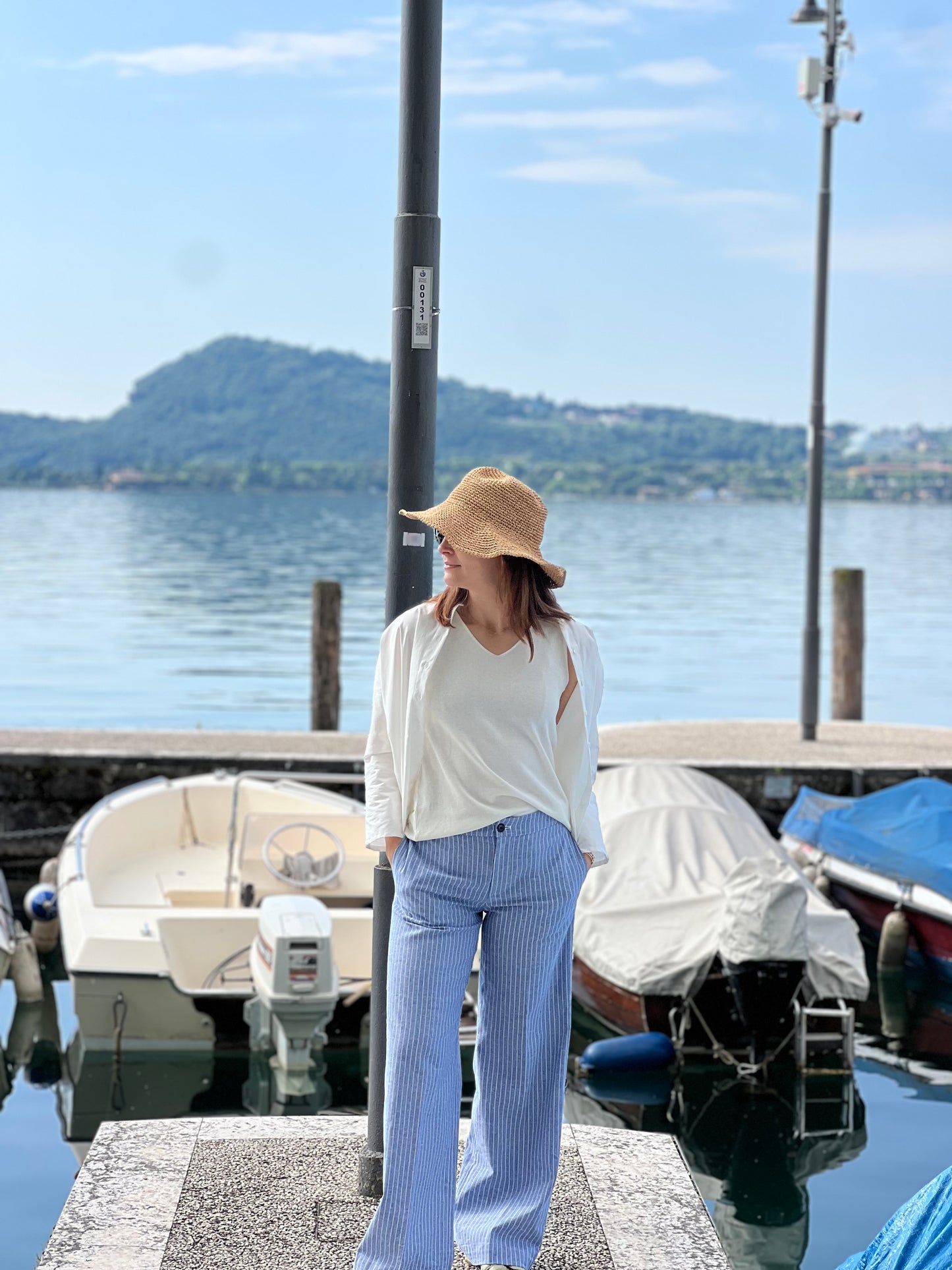 Pantalone Palazzo a righe in Cotone Lino
