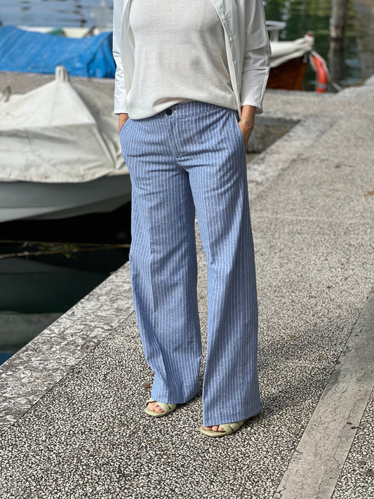 Pantalone Palazzo a righe in Cotone Lino